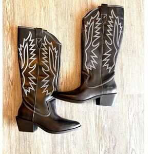 BIANCO Black Western Boots White Stitch Square Toe Size EU 39 8